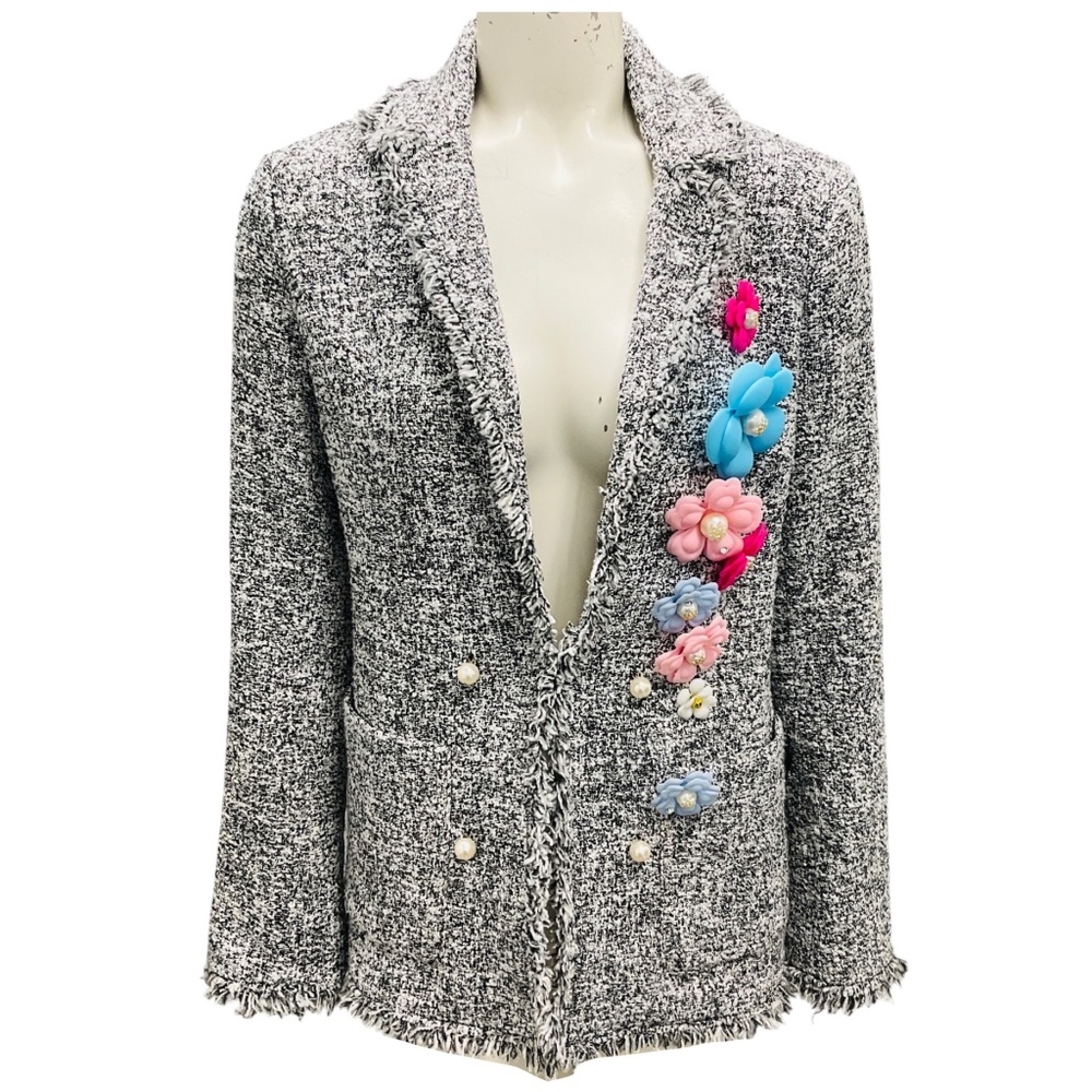 EDWARD ACHOUR BLACK / WHITE FRINGED TWEED JACKET WITH FLORAL APPLIQUE